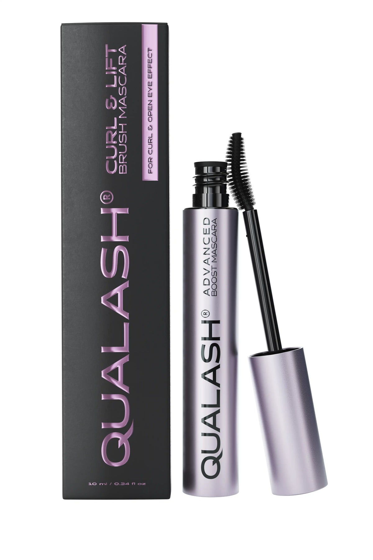 QUALASH Curl & Lift mascara met verpakking en open borsteltje, voor krul en een open oogopslag