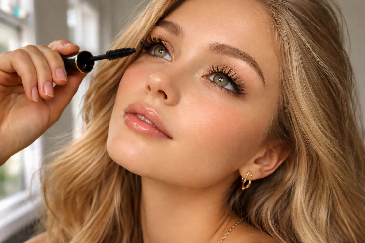 Photorealistic close-up of a woman applying mascara, highlighting sculpted natural eyelashes and refined beauty look