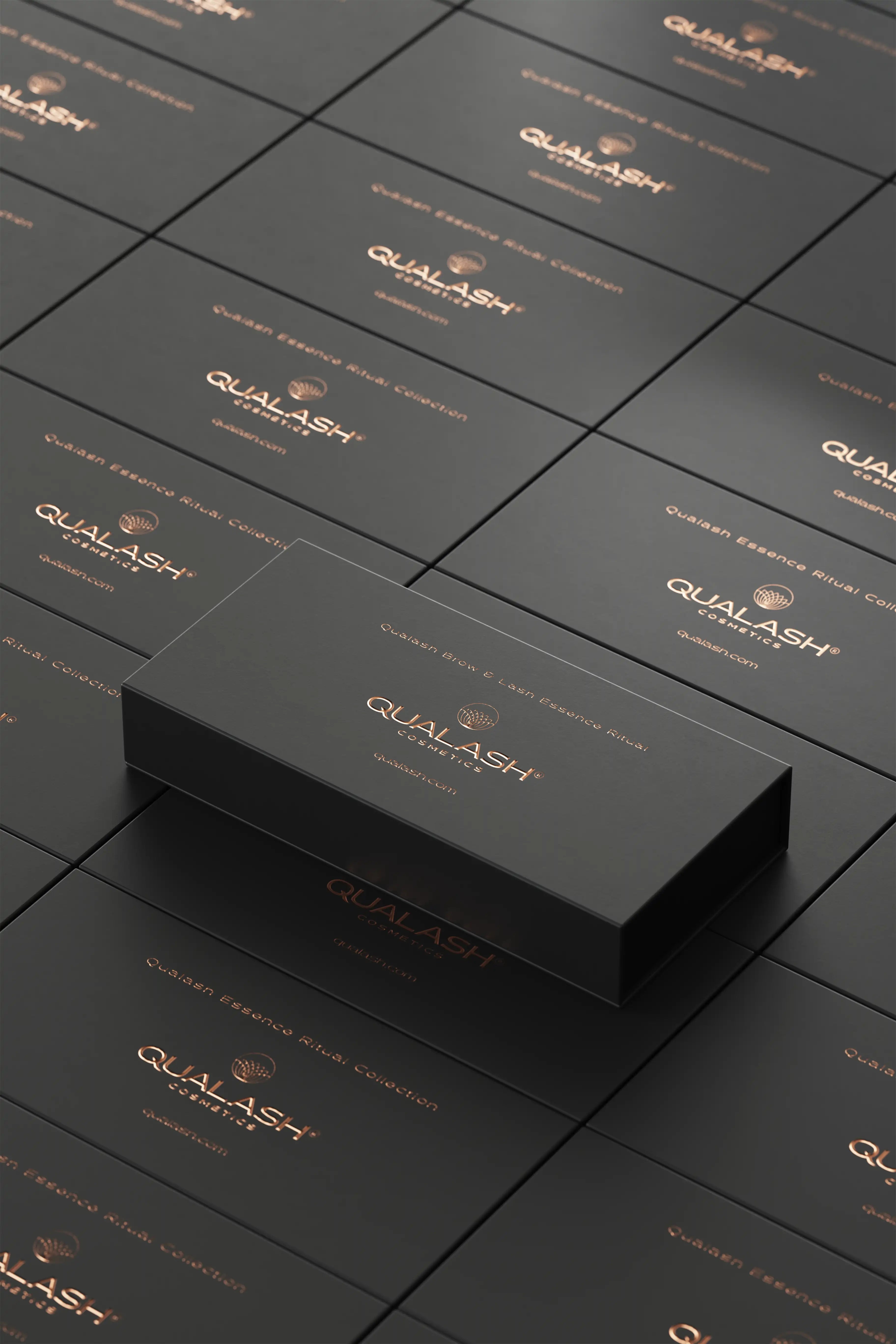 Open Ritual Collection box with QUABROW eyebrow serum and QUALASH eyelash serum box closed