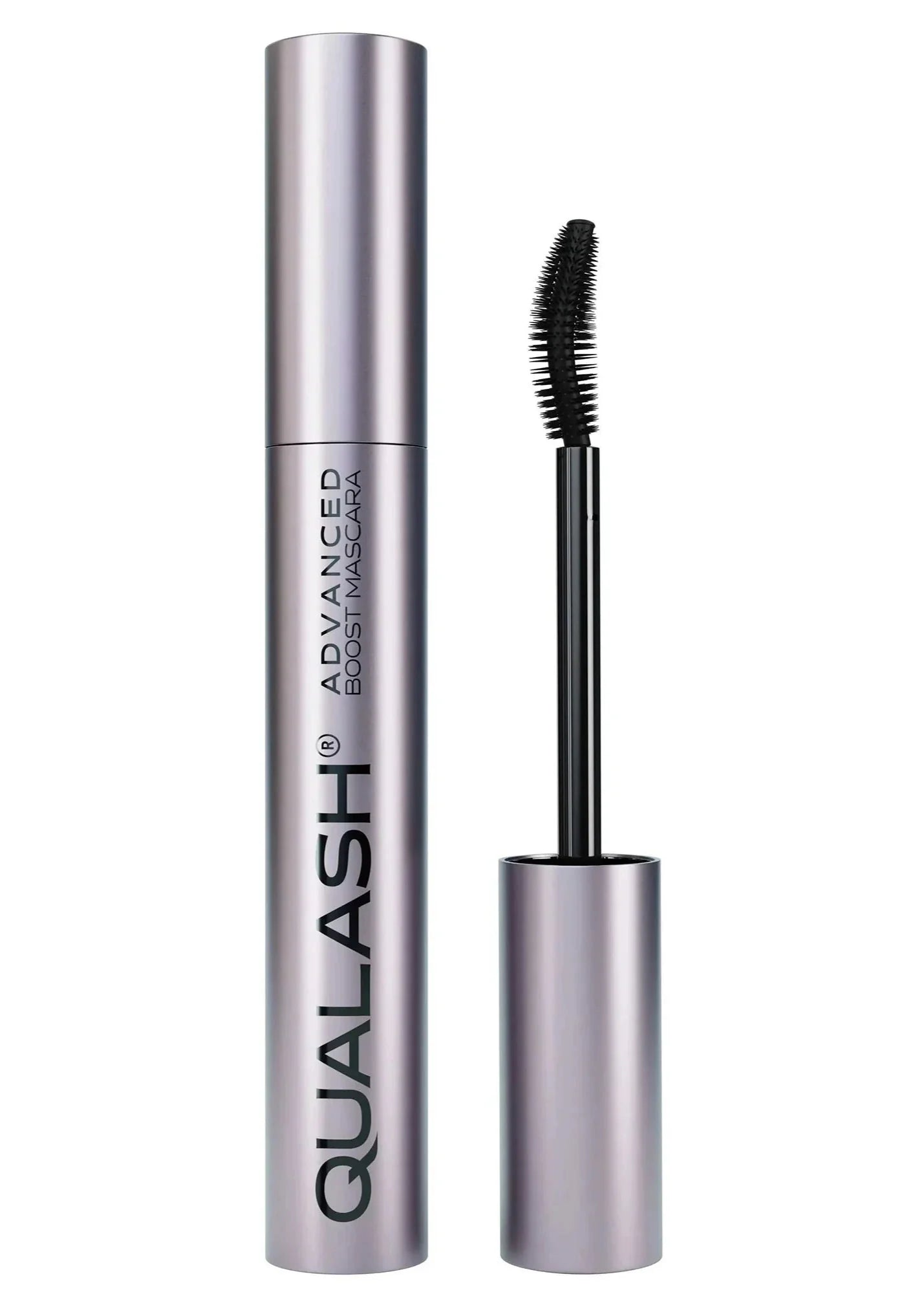 QUALASH Advanced Mascara Curl &amp; Lift 10 ml with visible curved silicone brush on white background