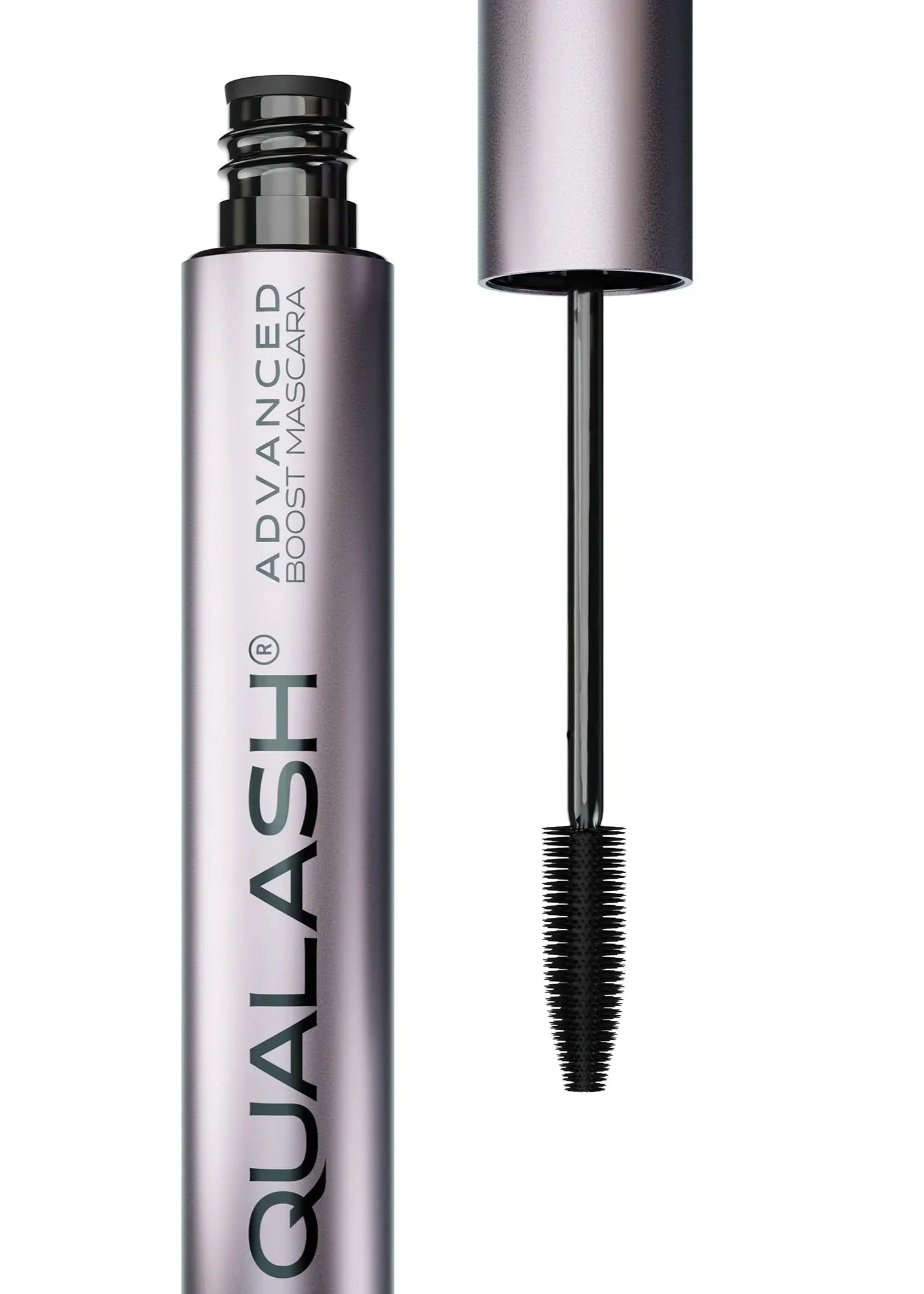 QUALASH Advanced Mascara Volume Max – full product with wand and metallic violet packaging shown frontally
