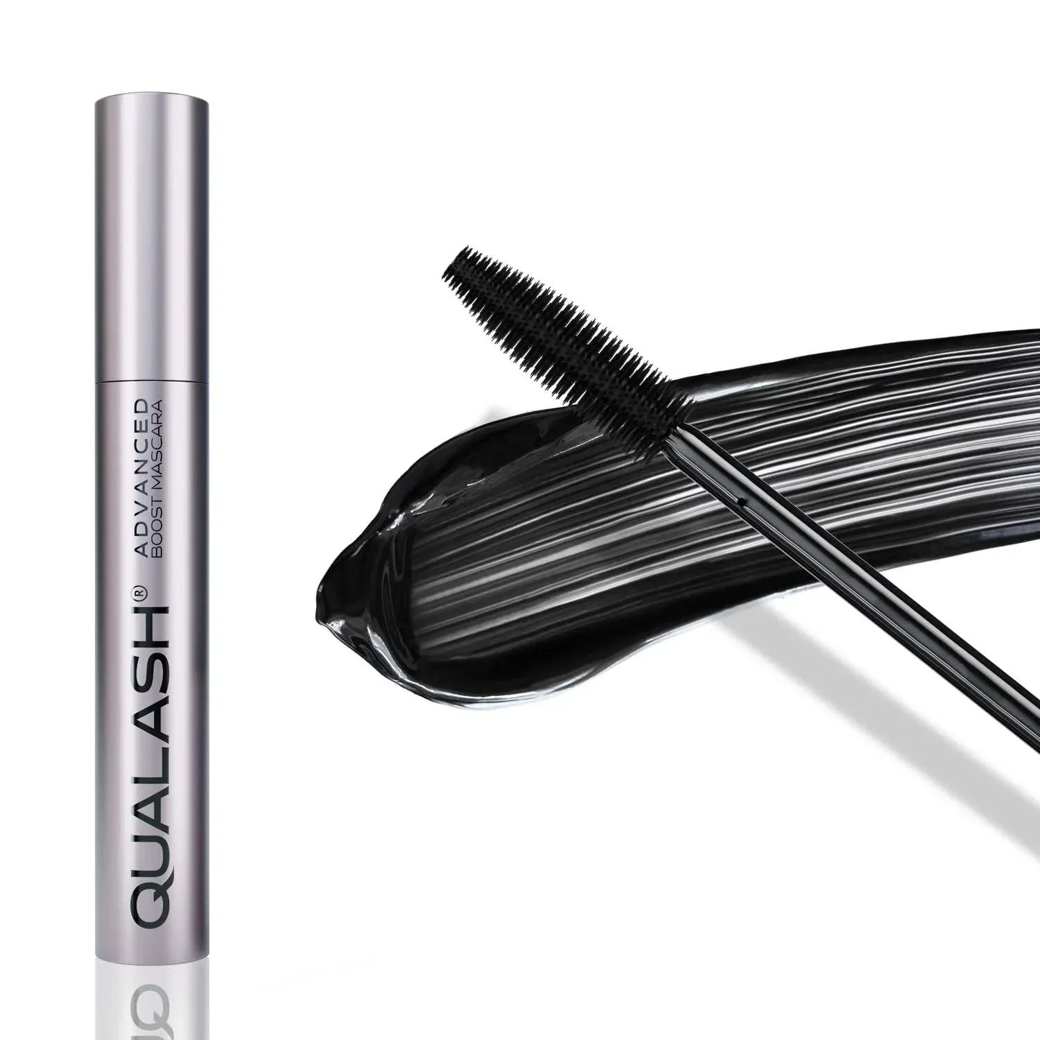 QUALASH mascara brush in close-up with visible black mascara formula stroke on white background